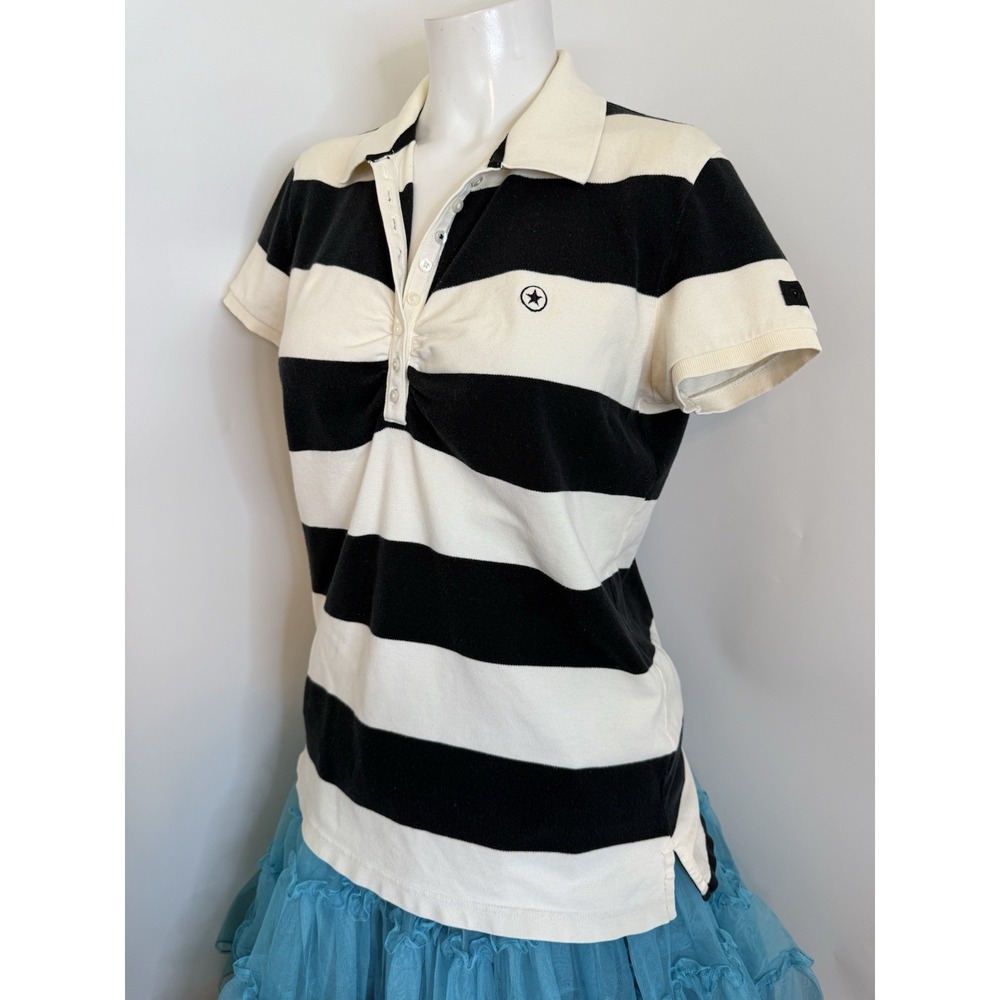 Vtg Converse One Star L Fits Med Blk Cream Stripe Cotton Knit Polo Shirt Top EUC